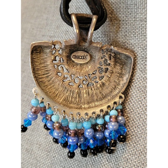 CHICO'S Three Strand Leather Corded Necklace W/ Beaded Silvertone Pendant - Picture 3 of 7